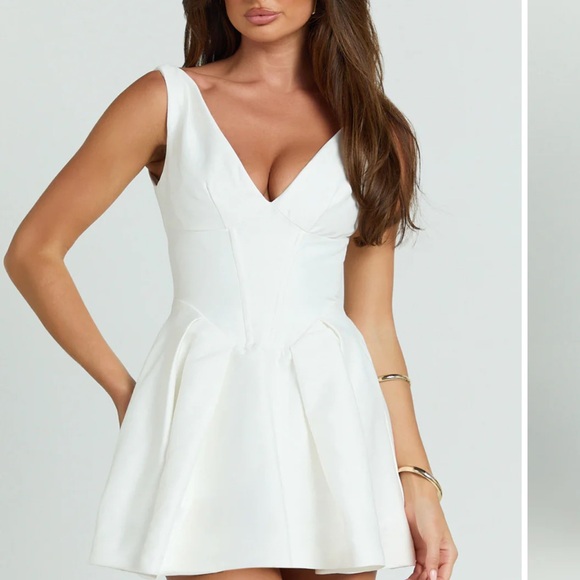 Showpo. Dresses & Skirts - Showpo White Plunging V-Neck Fit & Flare Mini Dress